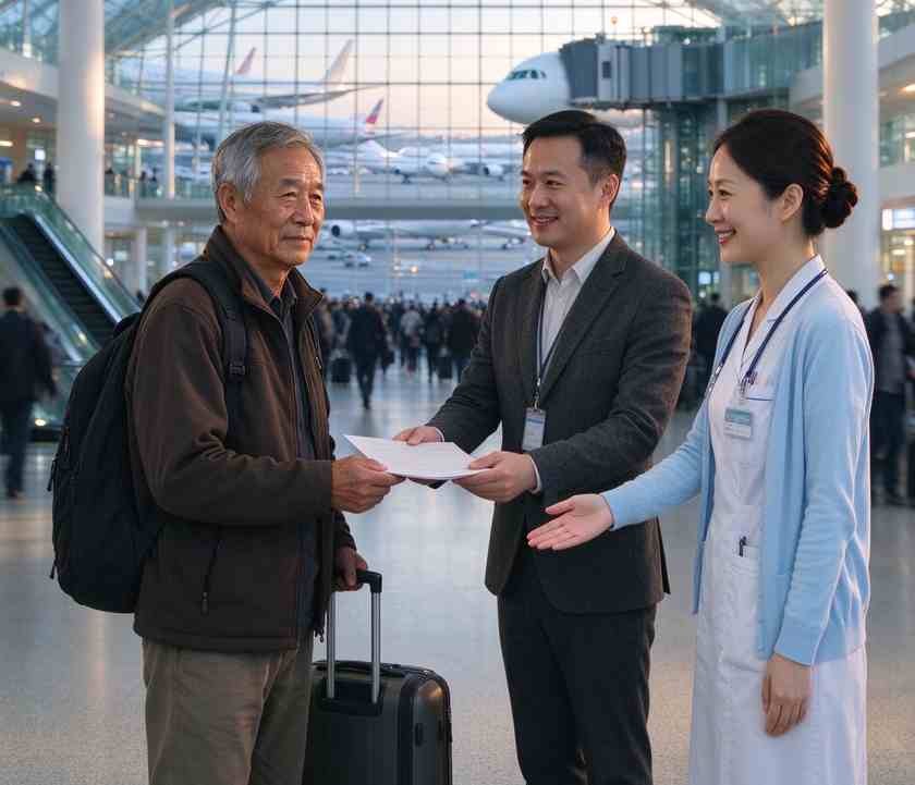 机场医疗联络员迎接回国就医的患者