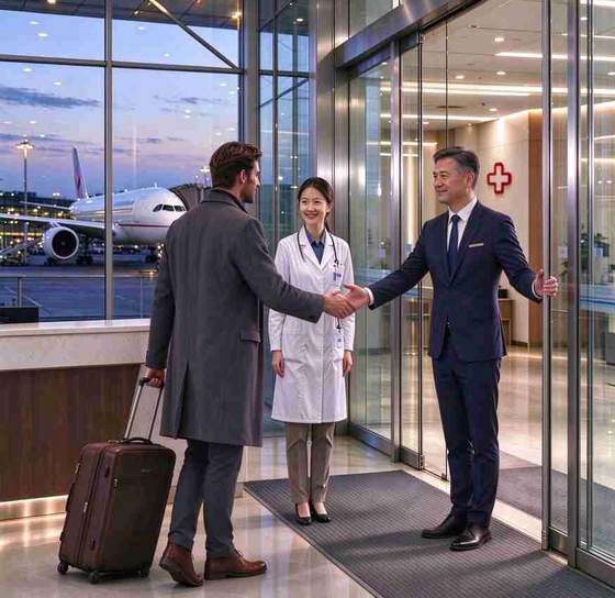 Airport medical liaison greeting an international patient