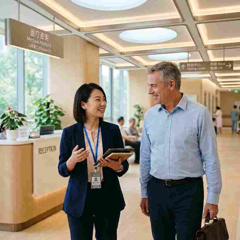 A CliniVoyage guide accompanying an international patient at a medical advisory counter